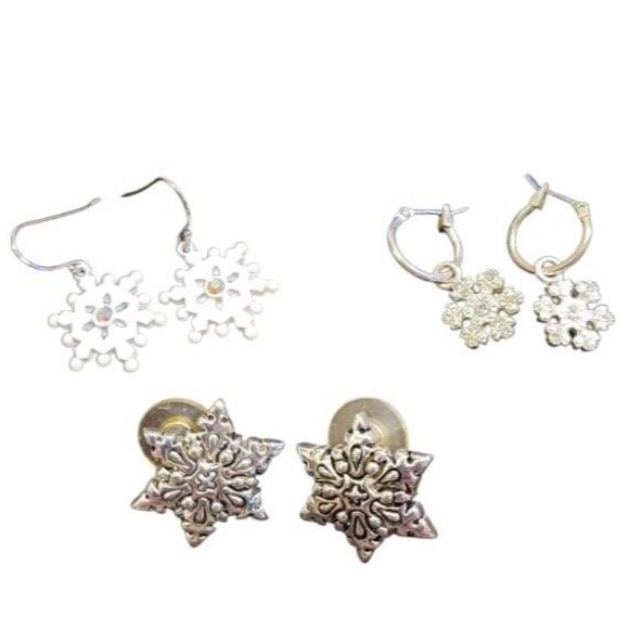 LOT 3 pair Christmas Earrings Snowflake White Silver Tone Rhinestones Nina Ricci - Picture 2 of 7
